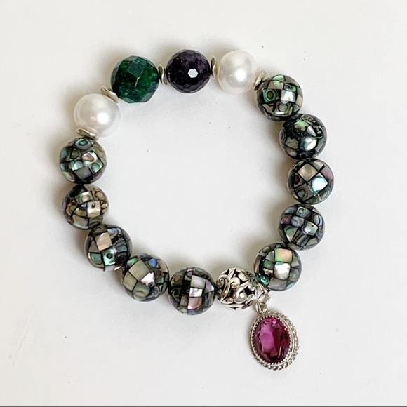 Jimetta Jewelry - Abalone Pearl Amethyst Stretch Bead Bracelet